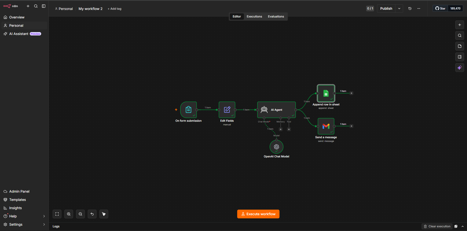 n8n workflow from form submission through AI agent to Google Sheets and Gmail