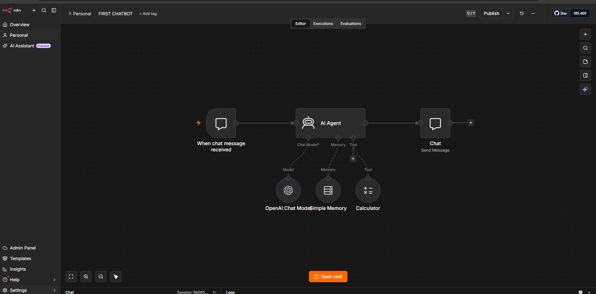 n8n AI agent chatbot with OpenAI chat model, memory and calculator tool