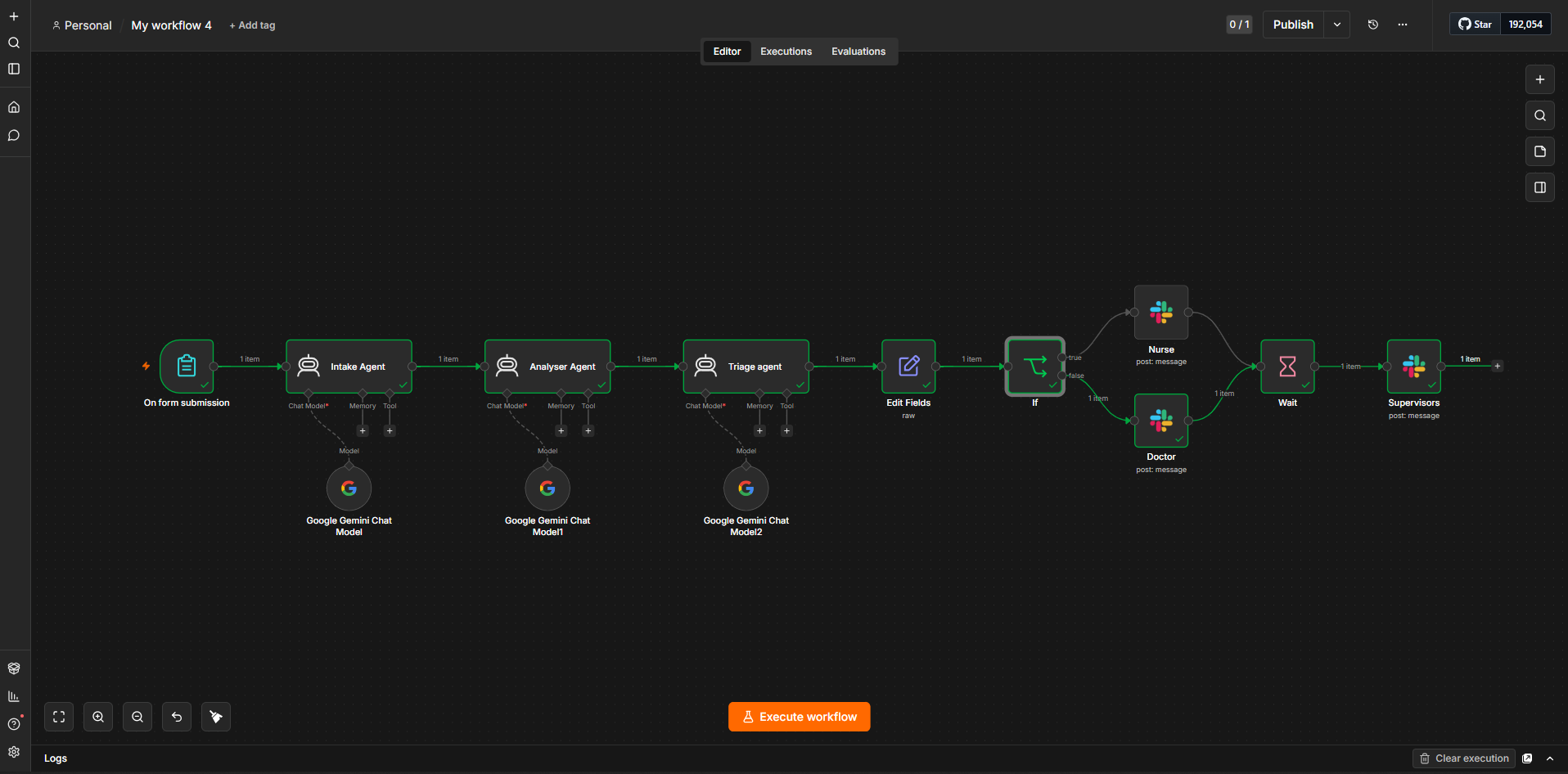 Multi-step AI triage workflow with intake, analyser and triage agents branching to Nurse and Doctor via Slack