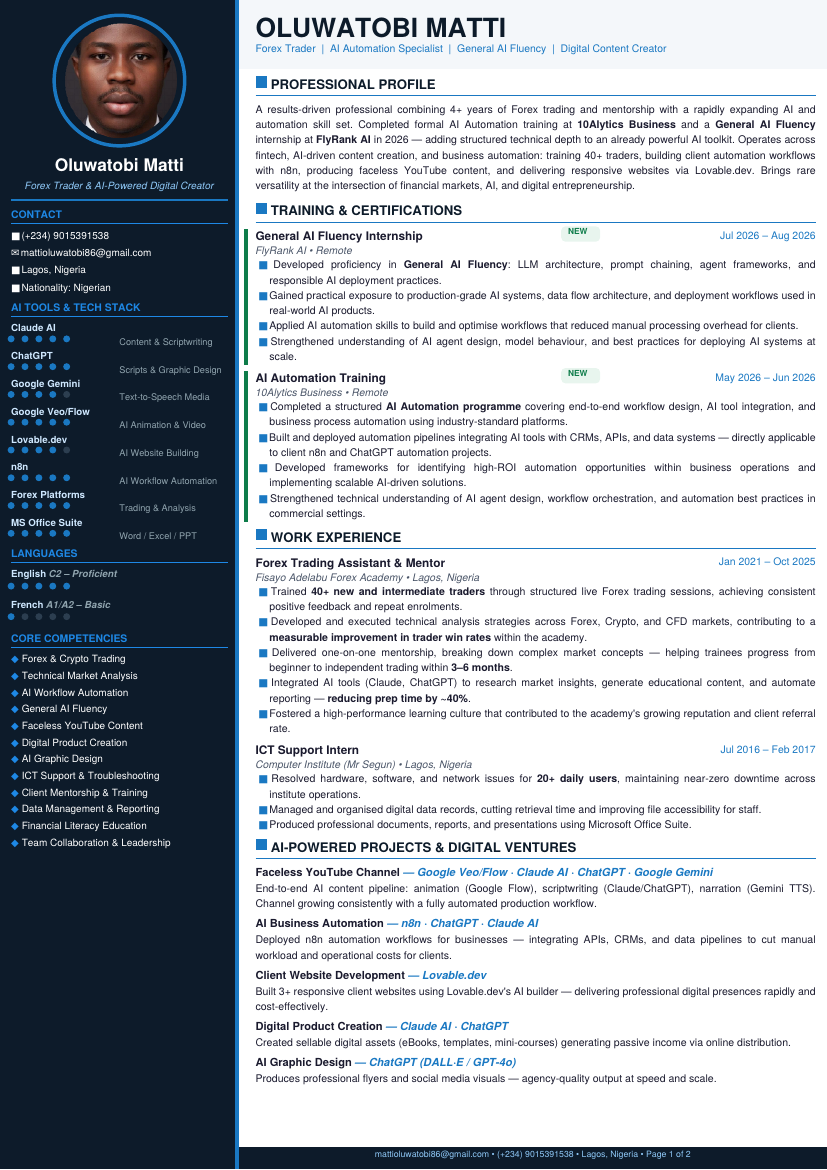 Preview of Oluwatobi Matti's resume, page 1
